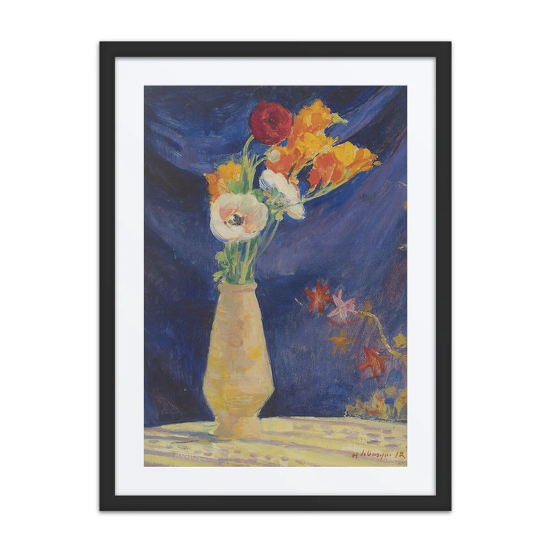 Vase of Anemones on Blue Background