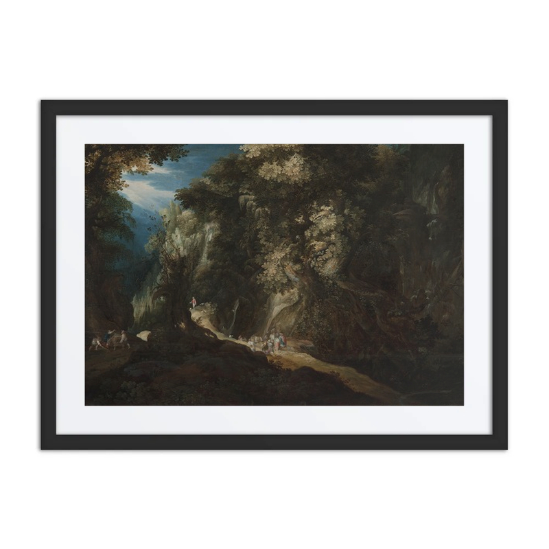 Wooded Mountain Landscape with Waterfall and Travellers