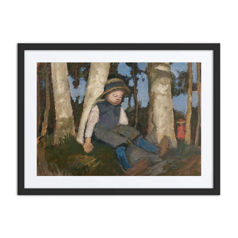 Young Boy with Straw Hat Sitting Under Birch Trees