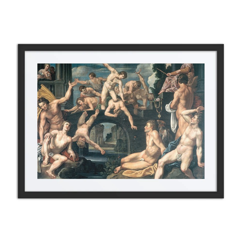 Young Men Wrestling on a Bridge. Allegory