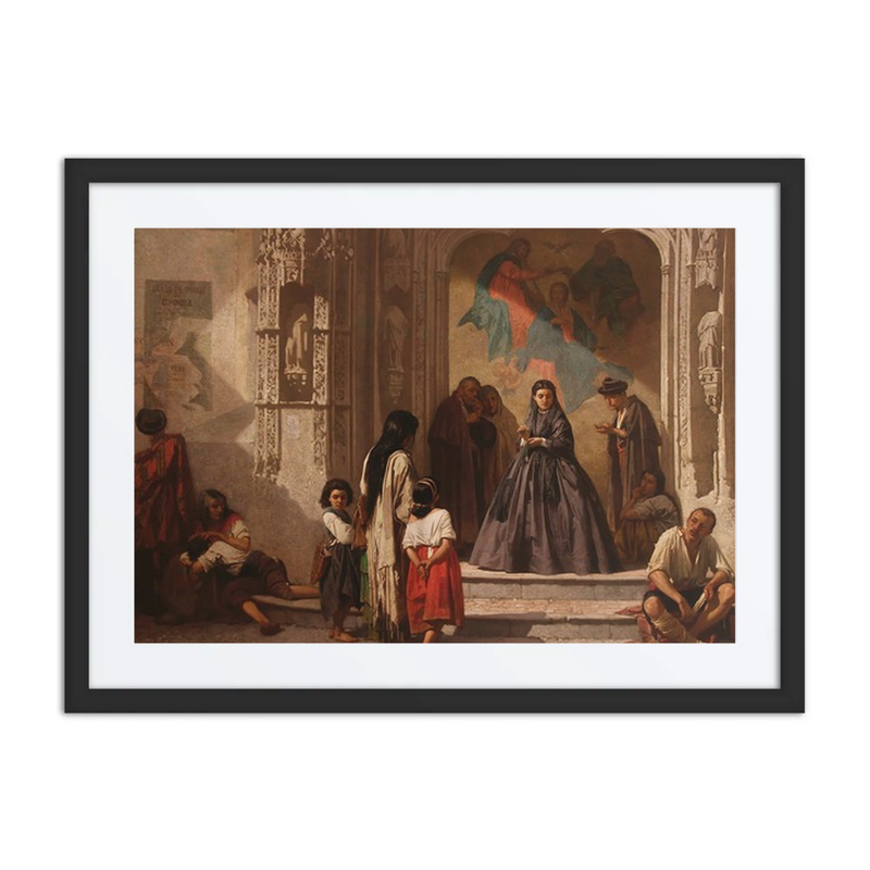 Young Woman Doing Charity at the Entrance to the Chapel of the San Sebastian Hospital in Cordoba